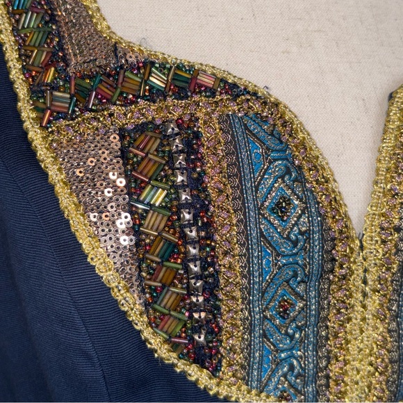 ANTHROPOLOGIE Moulinette Soeurs Navy Gold Trim Beading Dress - Picture 6 of 13